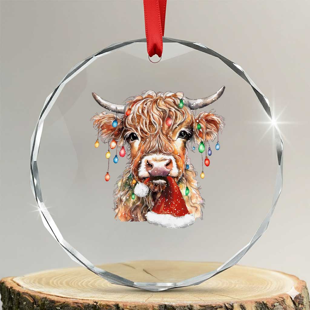Xmas Cow Crystal Glass Ornament Highland Cow Lights Santa Hats Farm Xmas TS10 Transparent Glass 3'' Circle Print Your Wear
