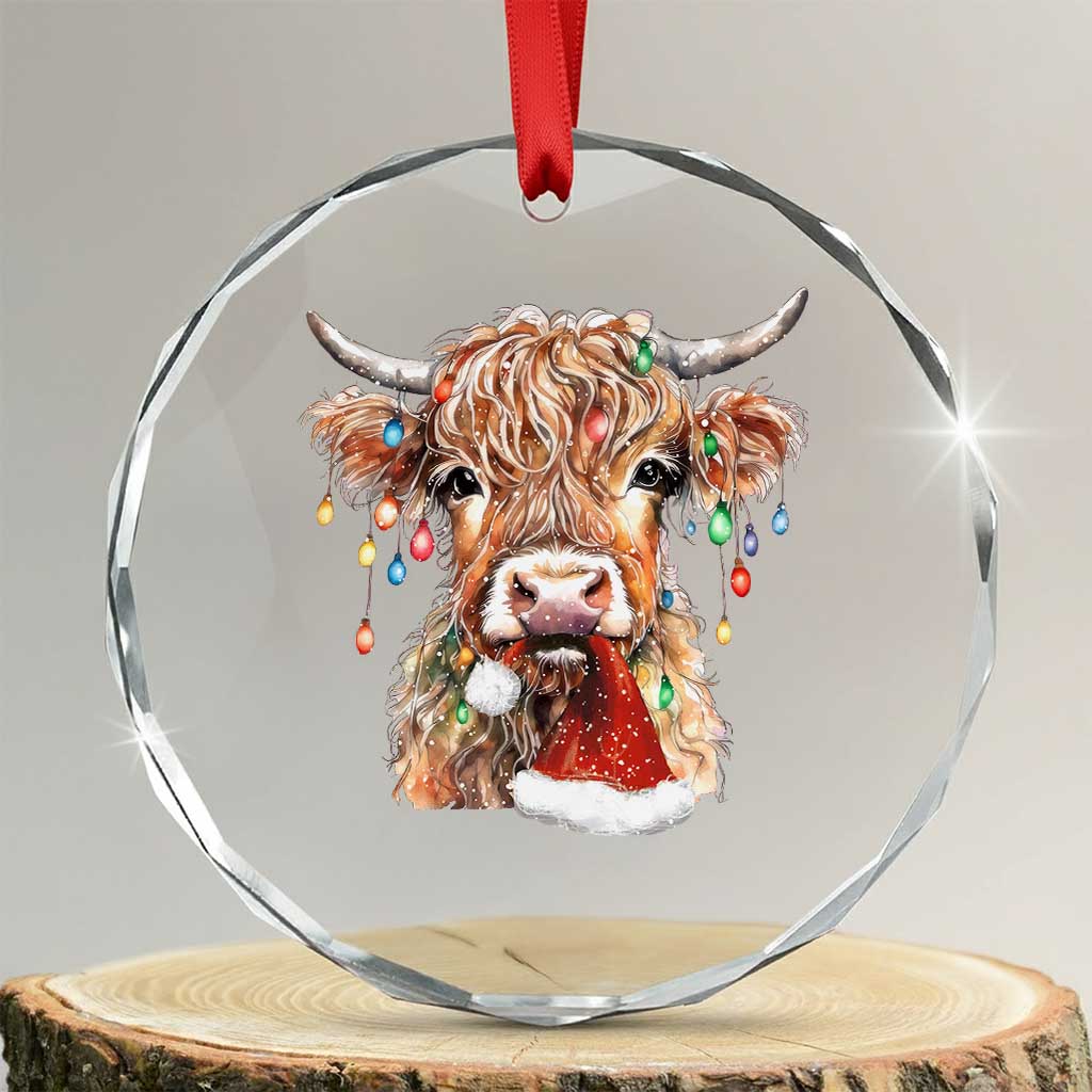 Xmas Cow Crystal Glass Ornament Highland Cow Lights Santa Hats Farm Xmas TS10 Transparent Glass 3'' Circle Print Your Wear