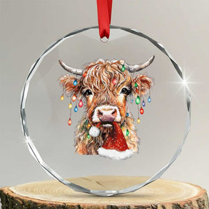 Xmas Cow Crystal Glass Ornament Highland Cow Lights Santa Hats Farm Xmas TS10 Transparent Glass 3'' Circle Print Your Wear