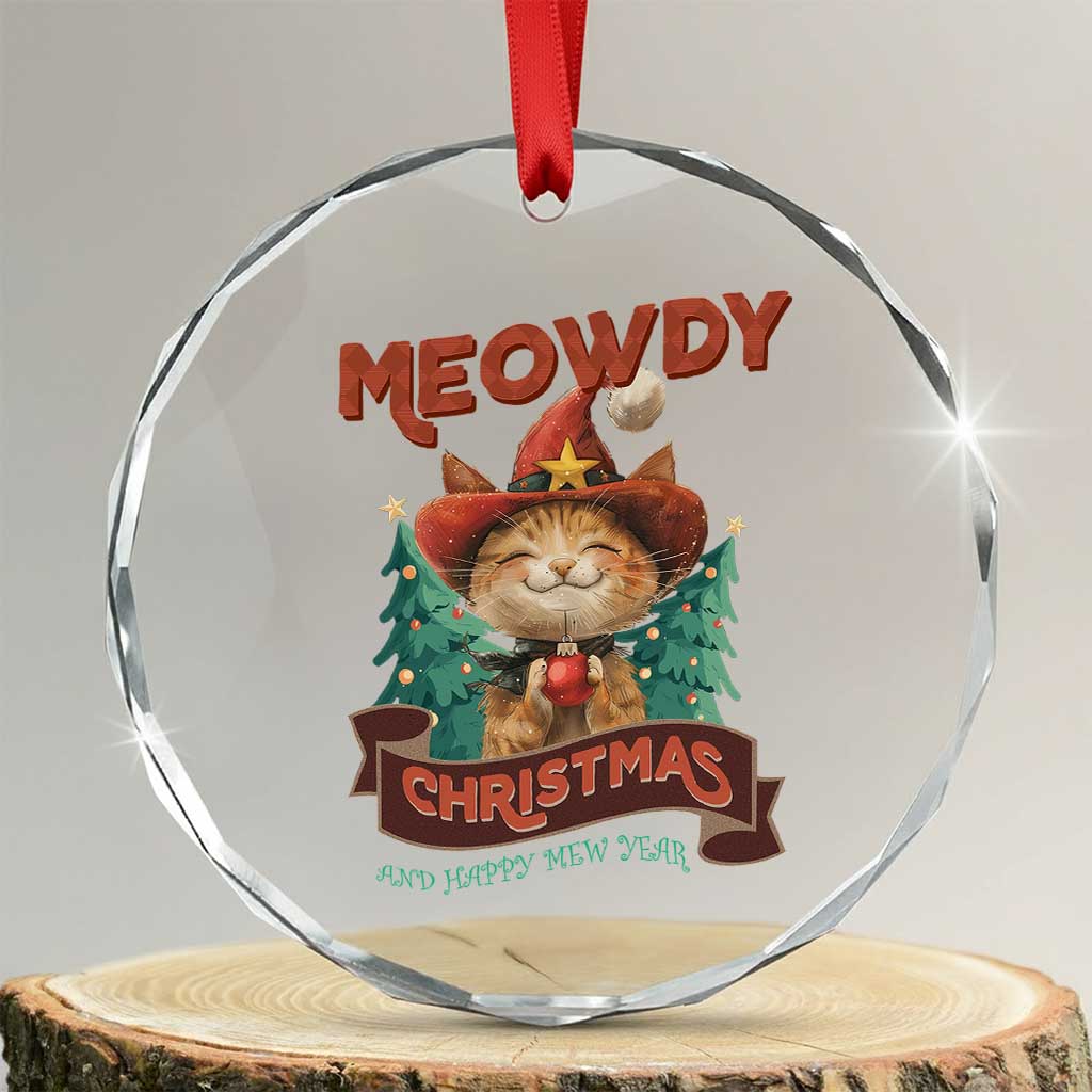 Xmas Cowboy Cat Crystal Glass Ornament Meowdy Christmas And Happy Mew Year TS09 Transparent Glass 3'' Circle Print Your Wear