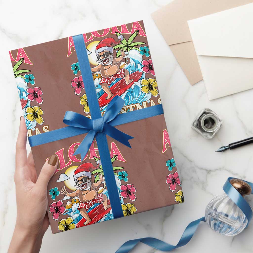 Xmas in Hawaii Wrapping Paper Roll Aloha Mele Kalikimaka Hawaiian Tropical Surfing Santa TS02 Mocha Print Your Wear