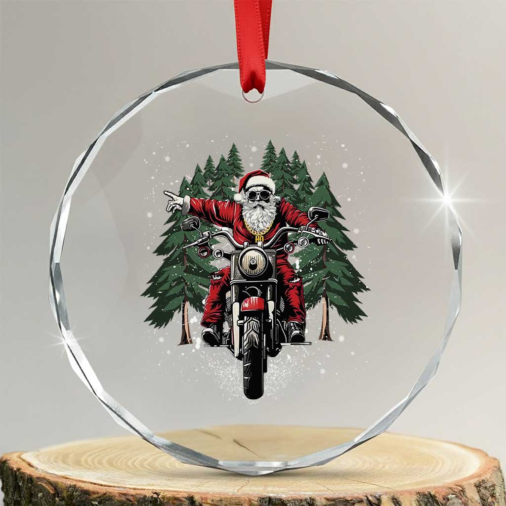Xmas Motorcycle Crystal Glass Ornament Santa Biker Riding Motorcycle TS10 Transparent Glass 3'' Circle Print Your Wear