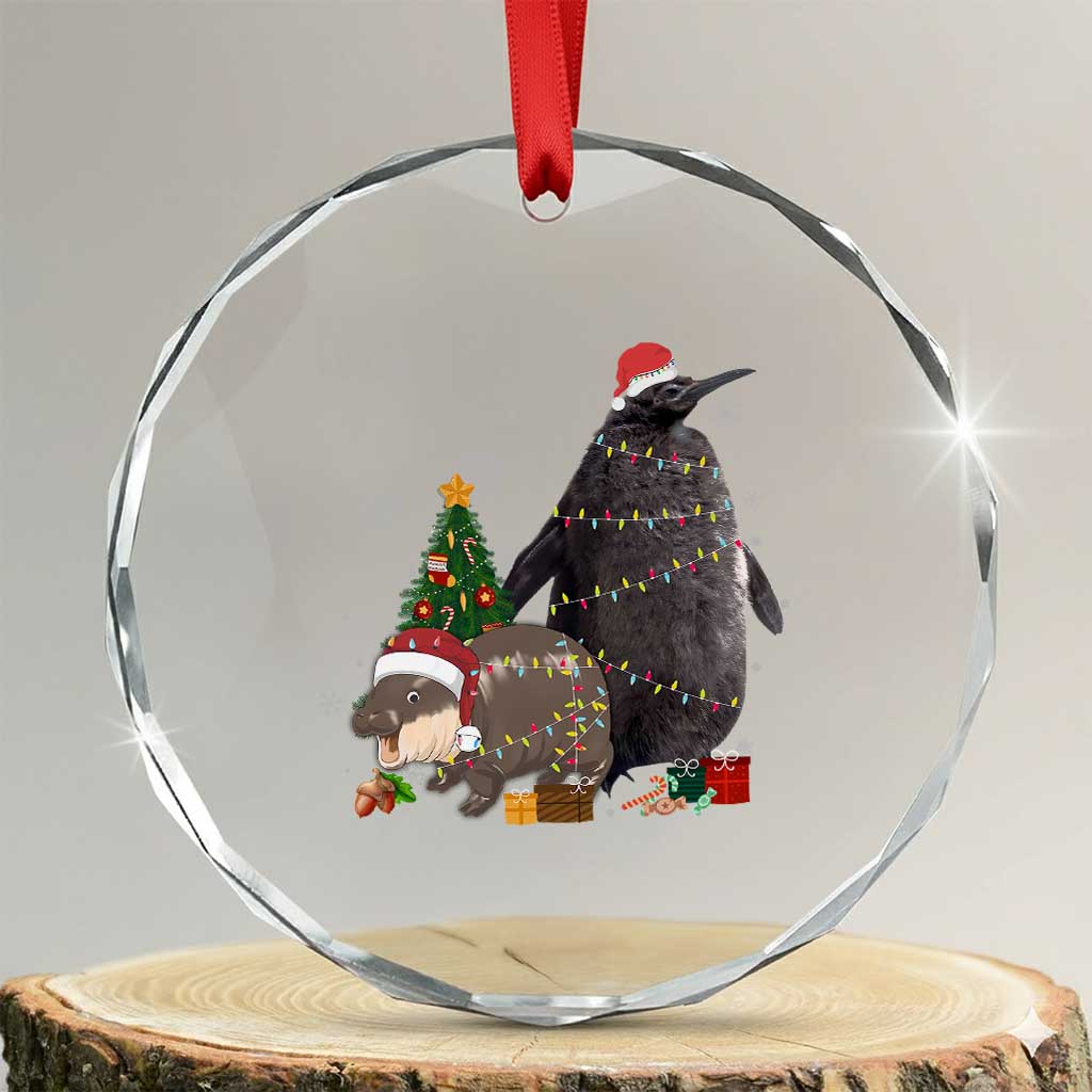 Xmas Pesto and Moo Deng Friendship Crystal Glass Ornament King Penguin Baby Hippo Viral Meme TS10 Transparent Glass 3'' Circle Print Your Wear
