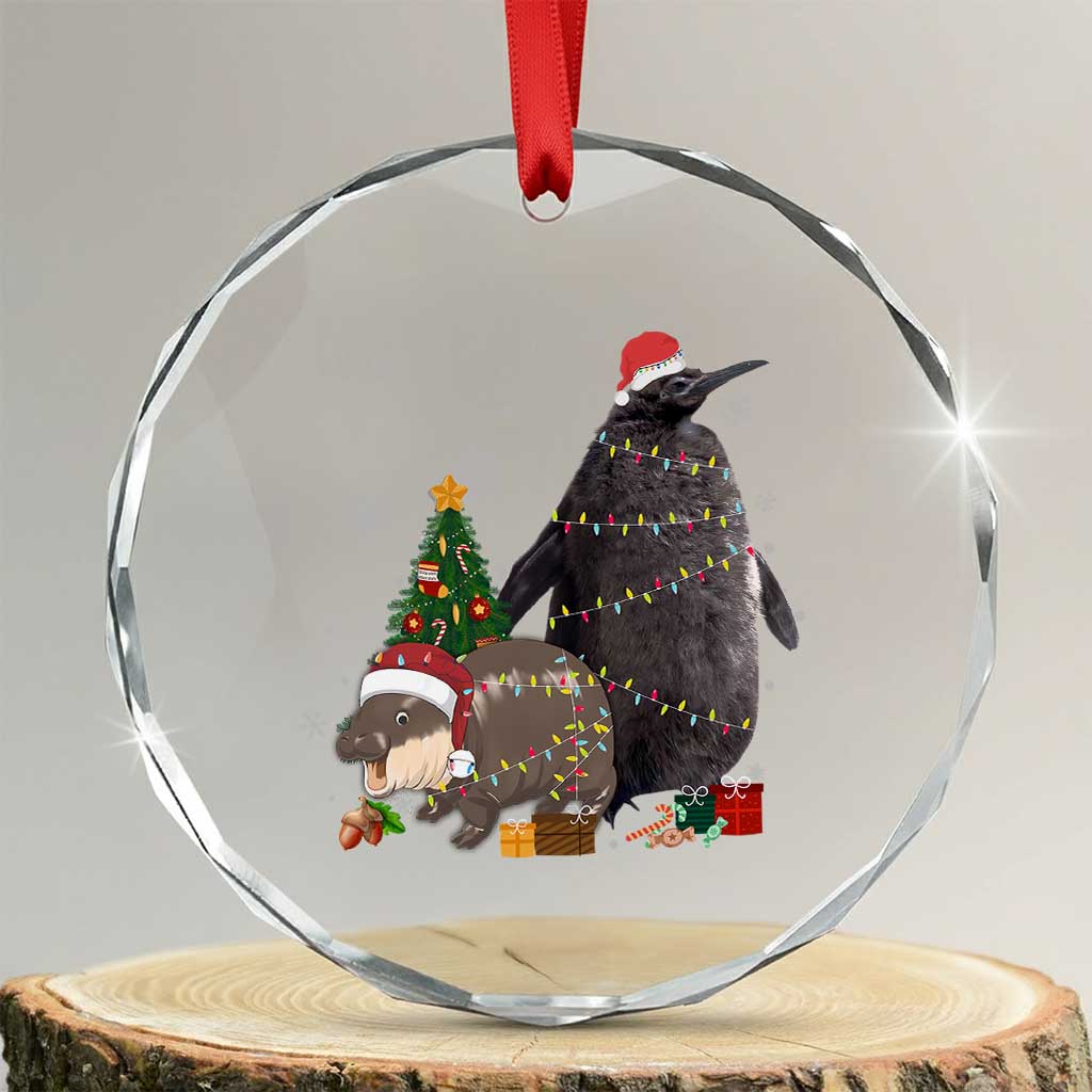Xmas Pesto and Moo Deng Friendship Crystal Glass Ornament King Penguin Baby Hippo Viral Meme TS10 Transparent Glass 3'' Circle Print Your Wear