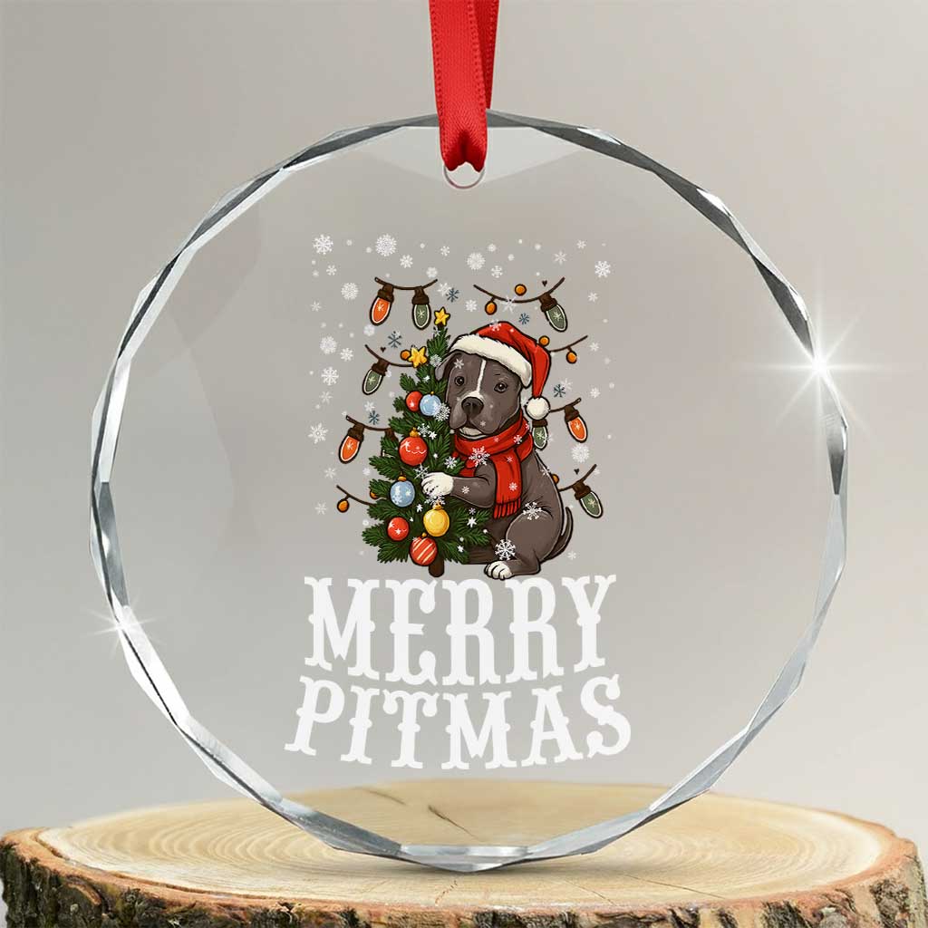 Xmas Pitbull Crystal Glass Ornament Funny Merry Pitmas Tree Hug TS12 Transparent Glass 3'' Circle Print Your Wear