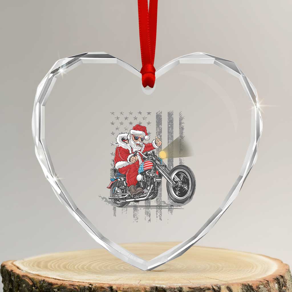 Xmas Santa Riding Motorbike Patriotic USA Heart Crystal Glass Ornament TS09 Transparent Glass 3'' Heart Print Your Wear