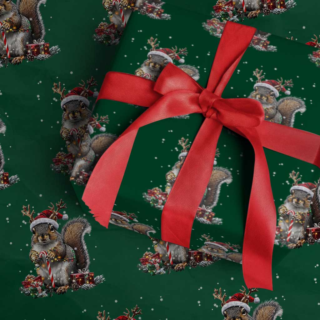 Xmas Squirrel Wrapping Paper Roll Xmas Tree Lights Reindeer Santa Hat Pajamas TS02 Green Print Your Wear