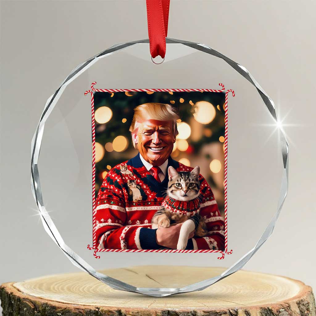 Xmas Trump With Cat Graphic Crystal Glass Ornament Classic Festive Xmas Vibe TS02 Transparent Glass 3'' Circle Print Your Wear