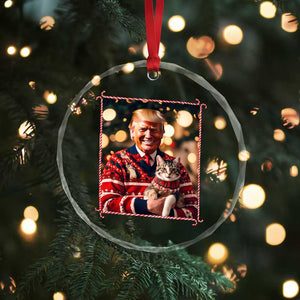 Xmas Trump With Cat Graphic Crystal Glass Ornament Classic Festive Xmas Vibe TS02 Print Your Wear