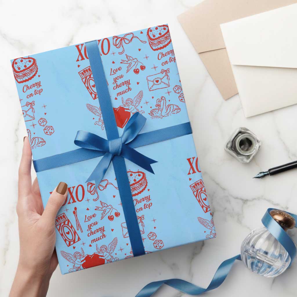 Xoxo Valentines Day Wrapping Paper Roll Love You Cherry Much Vintage Coquette TS11 Light Blue Print Your Wear