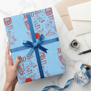 Xoxo Valentines Day Wrapping Paper Roll Love You Cherry Much Vintage Coquette TS11 Light Blue Print Your Wear
