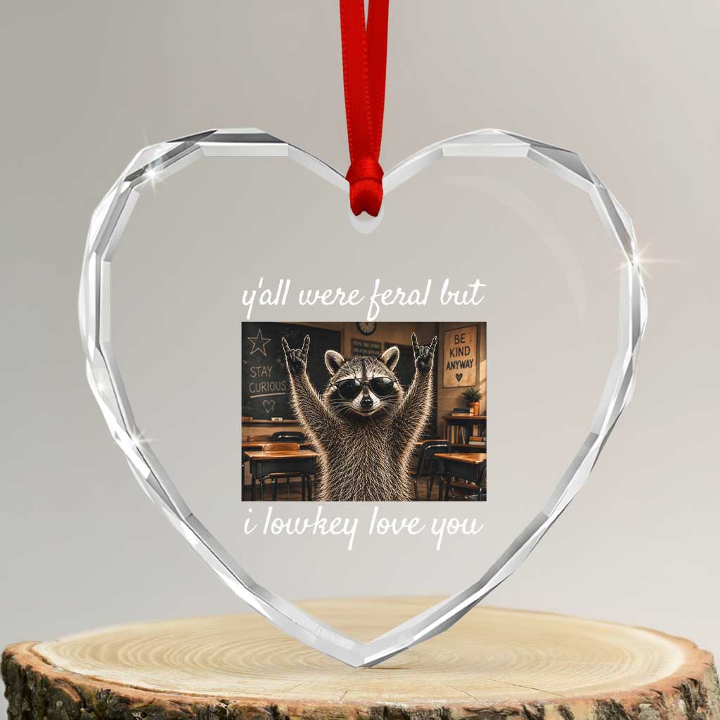 Y'all Were Feral But I Lowkey Love You Heart Crystal Glass Ornament Funny Raccoon Teacher TS11 Transparent Glass 3'' Heart Print Your Wear