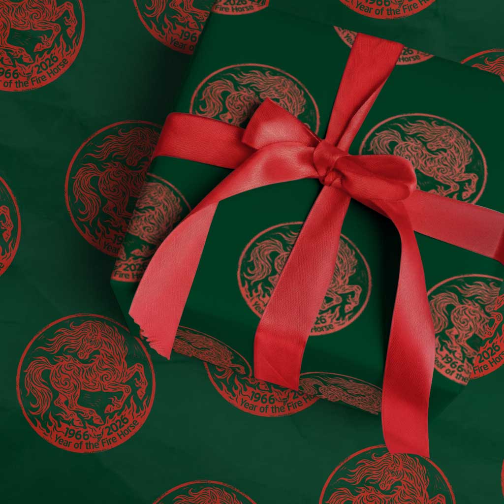 Year of the Fire Horse 1966 2026 Red Graphic Wrapping Paper Roll 60 Years Chinese Zodiac Horse Vintage Style TS02 Green Print Your Wear