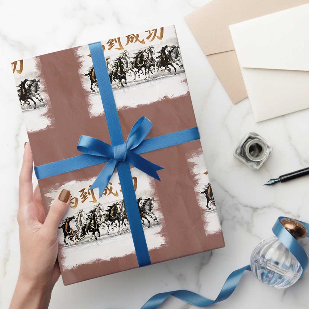 Year of The Horse 2026 Wrapping Paper Roll Gallop Of The 8 Horses Lunar New Year TS11 Mocha Print Your Wear