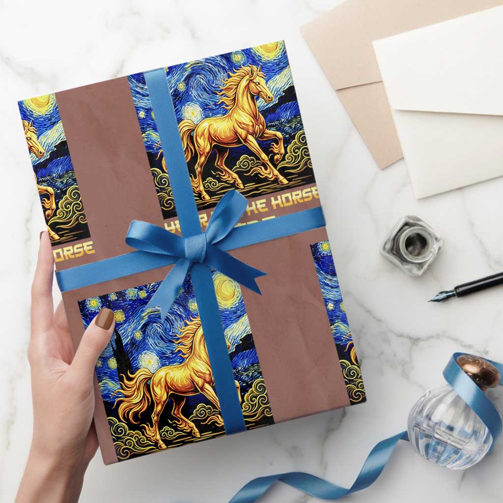 Year of the Horse Starry Night Inspired Graphic Wrapping Paper Roll Golden Horse Chinese Zodiac Art TS02 Mocha Print Your Wear