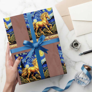 Year of the Horse Starry Night Inspired Graphic Wrapping Paper Roll Golden Horse Chinese Zodiac Art TS02 Mocha Print Your Wear