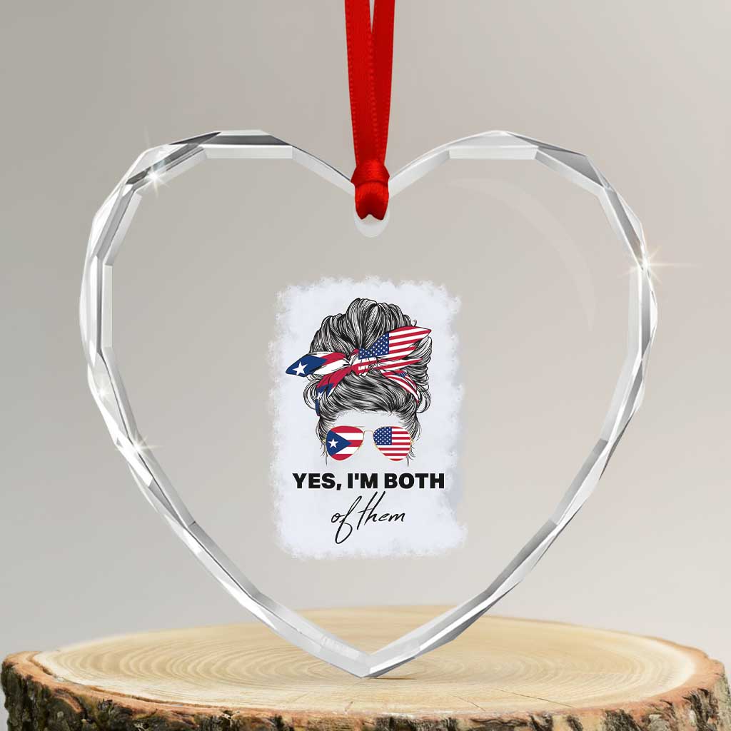 Yes I’m Both Puerto Rican American Heart Crystal Glass Ornament Messy Bun Boricua Woman Pride TS10 Transparent Glass 3'' Heart Print Your Wear