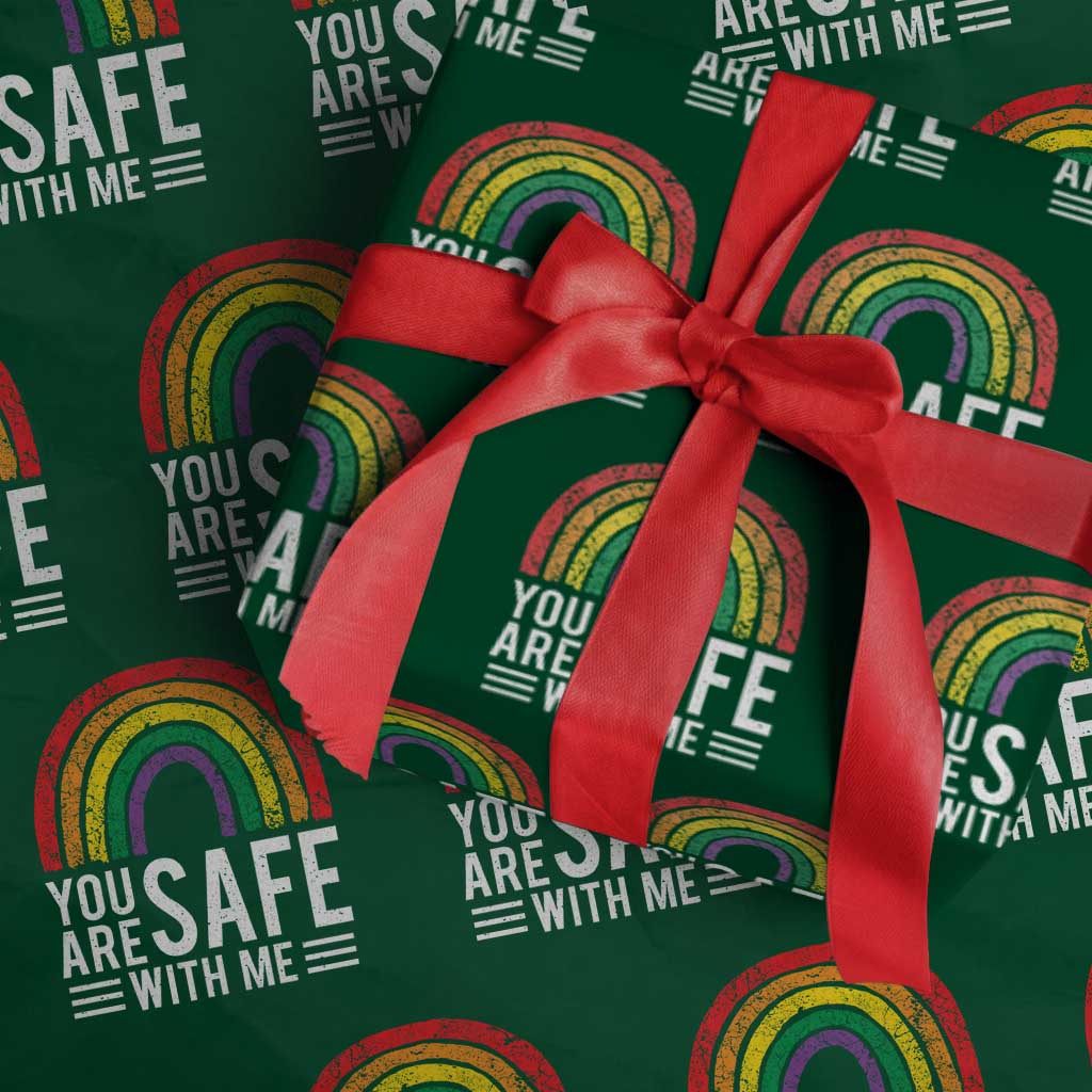 You Are Safe With Me Wrapping Paper Roll Retro Rainbow LGBTQ Ally Pride TS10 Green Print Your Wear
