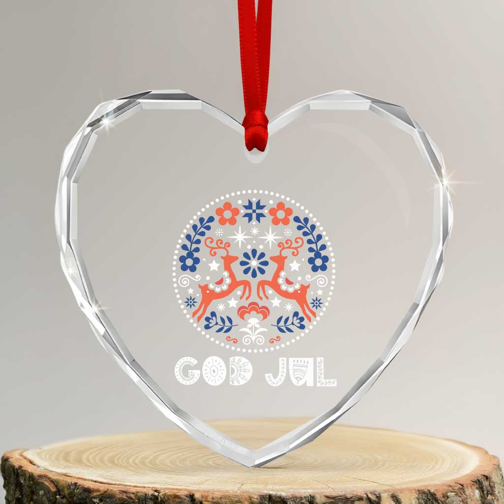 Yule God Jul Heart Crystal Glass Ornament Folk Art Scandinavian Reindeers TS11 Transparent Glass 3'' Heart Print Your Wear