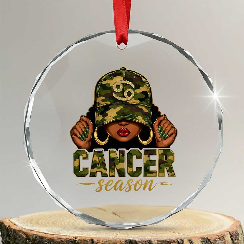 Zodiac Queen Cancer Season Retro Camo Camouflage Graphic Crystal Glass Ornament June July Horoscope Birthday Gift Melanin Women TS02 Transparent Glass 3'' Circle Print Your Wear